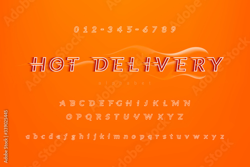 Hot delivery food service theme alphabet font set with uppercase lowercase and numbers on colorful orange background