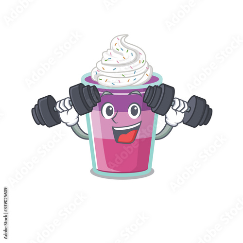 Mascot design of smiling Fitness exercise cocktail jelly lift up barbells
