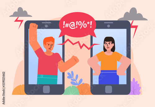Internet bullying, trolling. Angry man and woman argue by phone. Poster for social media, web page, banner, presentation. Flat design vector illustration