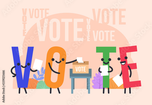 Funny vote characters stand near voting box. Call to vote. Poster for social media, web page, banner, presentation. Flat design vector illustration