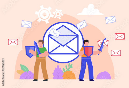 Mail protection, safety from spam. Two men with shield and sword protect mail inbox from spam emails. Poster for social media, web page, banner, presentation. Flat design vector illustration