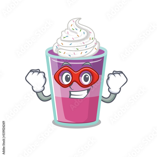 A cartoon character of cocktail jelly performed as a Super hero