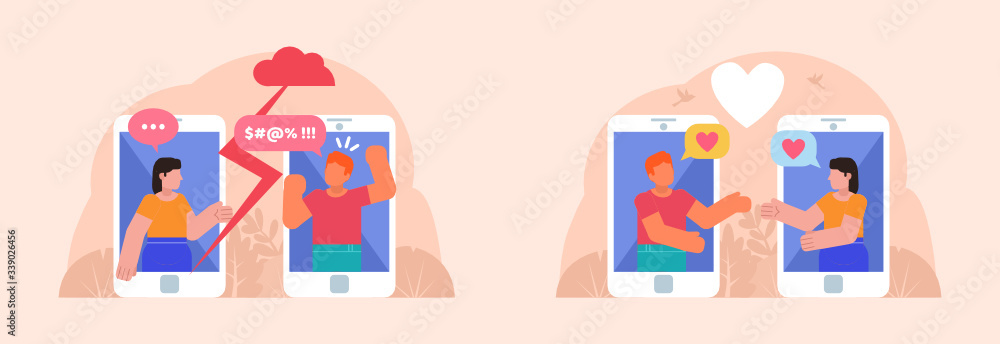 Fototapeta premium Online bullying, trolling. Fall in love, phone app or website for blind dates. Poster for social media, web page, banner, presentation. Flat design vector illustration