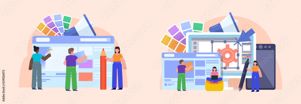 Creative web design studio or team concept. Group of people work on website. Poster for social media, web page, banner, presentation. Flat design vector illustration