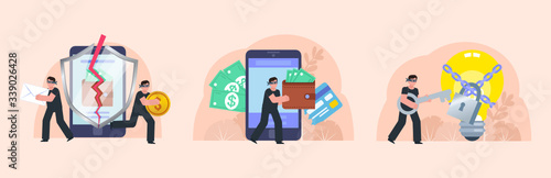 Personal data, idea or money steal from phone. Web piracy, smartphone phishing or hacking. Poster for social media, web page, banner, presentation. Flat design vector illustration
