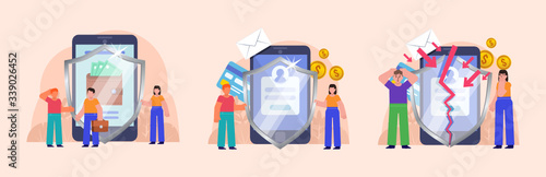 Online personal phone data protection, security. Firewall or antivirus software for phone data safety. Poster for social media, web page, banner, presentation. Flat design vector illustration