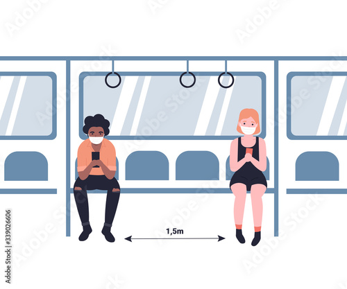 People in masks ride the subway, metro, bus, train. Social distance 2m. Male and female characters in public transport. Flat vector cartoon design illustration. Ncov, covid 2019, Coronovirus concept.