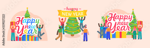 New Year, Christmas celebration. Group of people stand near Christmas tree, gift boxes and celebrate. Poster for social media, web page, banner, presentation. Flat design vector illustration