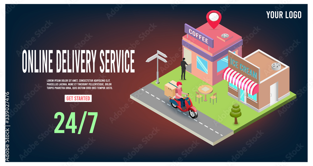 Online delivery service concept with delivery man ride scooter delivering parcel box. vector illustration. Online delivery service concept with delivery man ride scooter delivering parcel box. vector illustration.