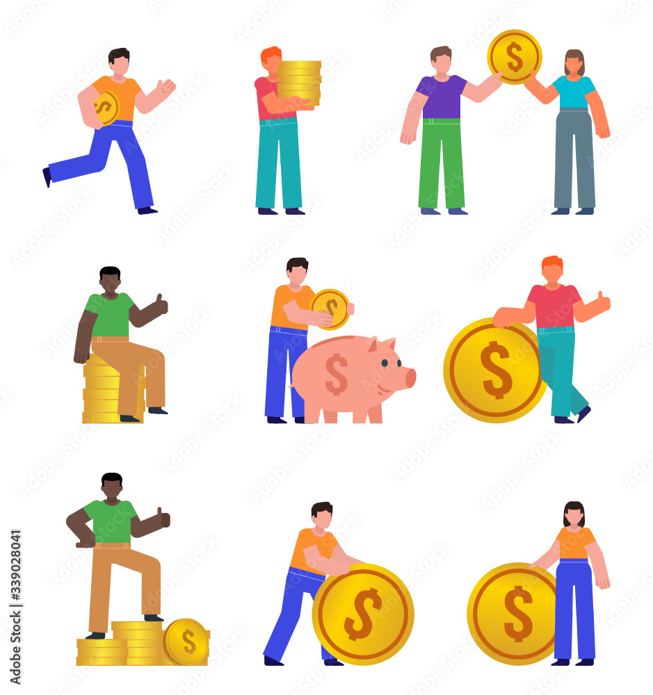 Group of people posing with big golden coins. Money, cash, financial success concept. Flat design vector illustration