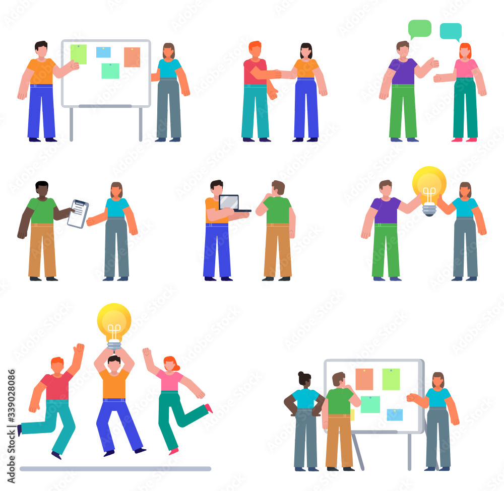 Set of business people showing various actions. Group of people or team at meeting, brainstorming. Flat design vector illustration
