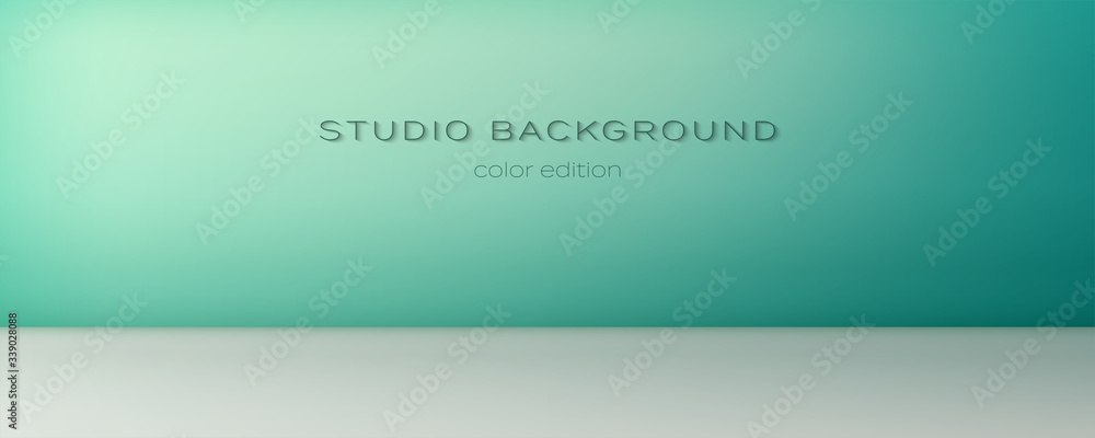 Turquoise empty studio with spotlights. Soft green blue gradient. The ray of the searchlight on the wall. Studio room for background, display brand or product. Color edition. Vector 3d illustration