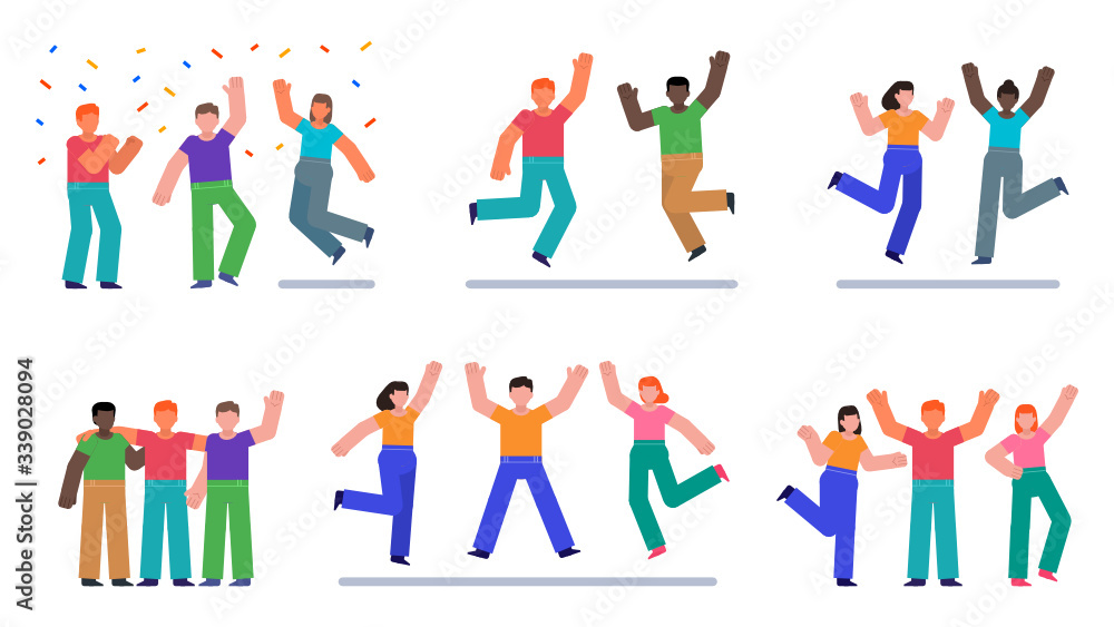 Set of people jumping in joy, celebrating victory or success. Flat design vector illustration