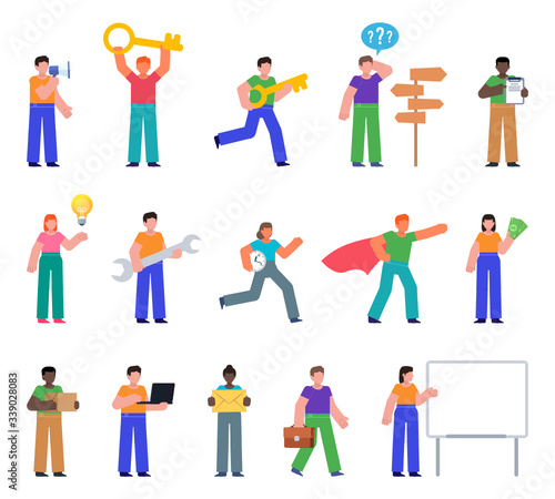 Set of people showing various actions. Man holding golden key, running, thinking, working on laptop and other situations. Flat design vector illustration