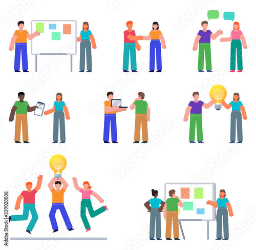 Set of business people showing various actions. Group of people or team at meeting, brainstorming. Flat design vector illustration