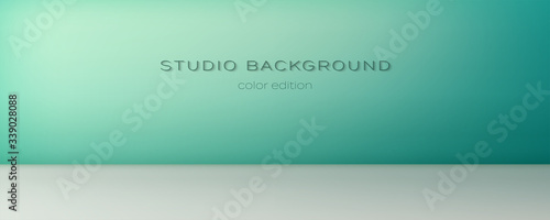 Turquoise empty studio with spotlights. Soft green blue gradient. The ray of the searchlight on the wall. Studio room for background, display brand or product. Color edition. Vector 3d illustration