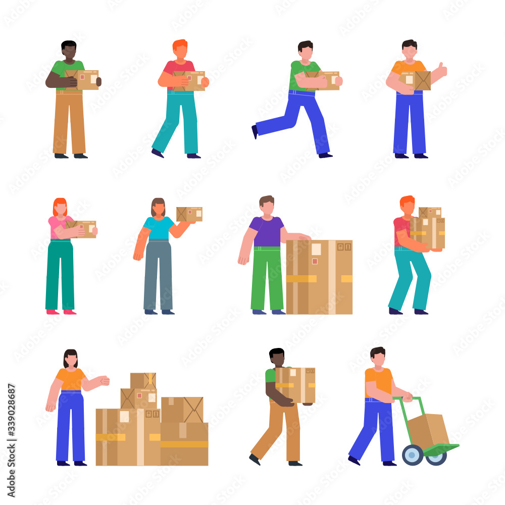 Set of people with parcel box showing various actions, poses. Delivery service or courier concept. Flat design vector illustration Set of people with parcel box showing various actions, poses. Delivery service or courier concept. Flat design vector illustration