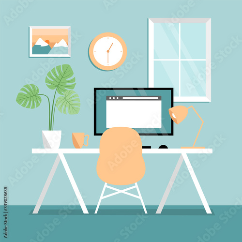 Work from home office remote working workspace vector flat style in blue