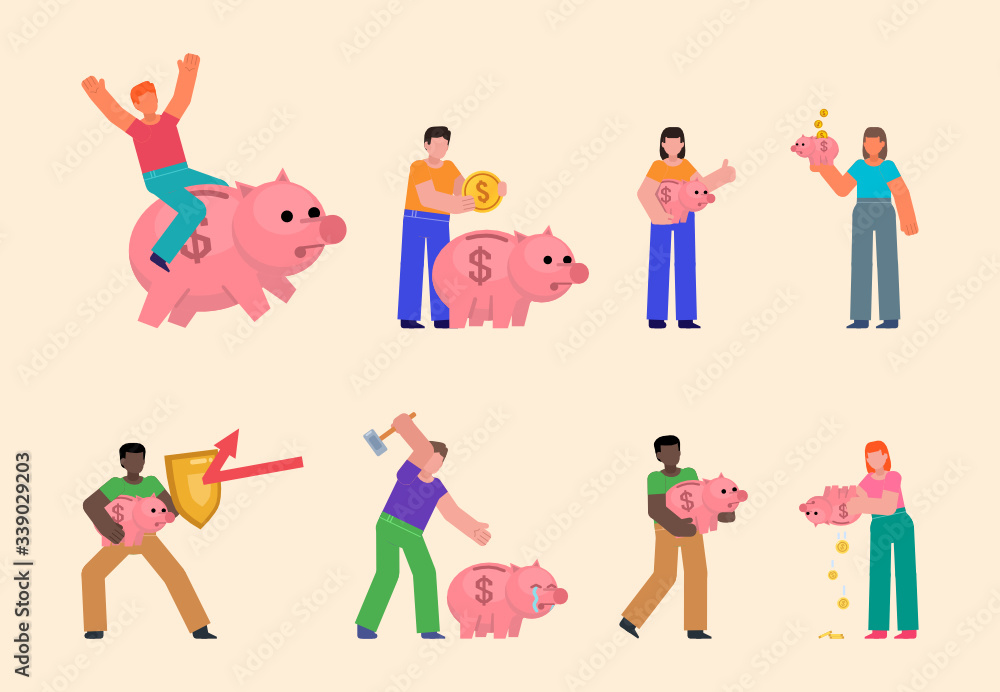 Set of people pose with piggy bank. Deposit or savings concept. Put money into piggy bank. Flat design vector illustration