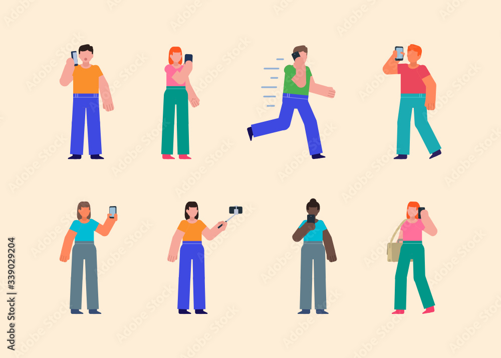 Set of people pose with phone. Man and woman walk, talk on phone, take selfie. Flat design vector illustration