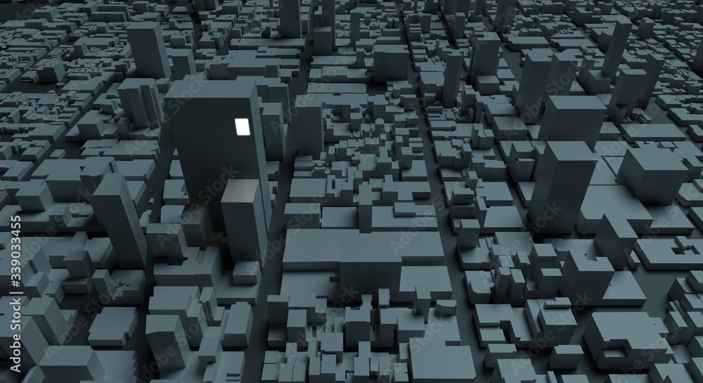 Abstract night cityscape. The only lit window in the city. View from above with going perspective. 3D illustration Abstract night cityscape. The only lit window in the city. View from above with going perspective. 3D illustration