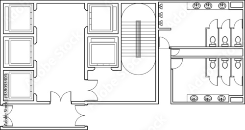 2D drawing of building lift core design for high rise building contain protected lobby, passenger lift, fireman lift and escape staircase. Drawing in black and white. 