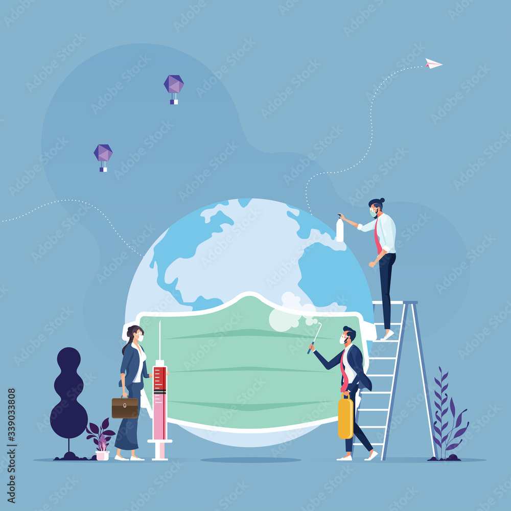 Business group put on the globe with masker metaphor of save the world from corona virus-Business vector concept Business group put on the globe with masker metaphor of save the world from corona virus-Business vector concept