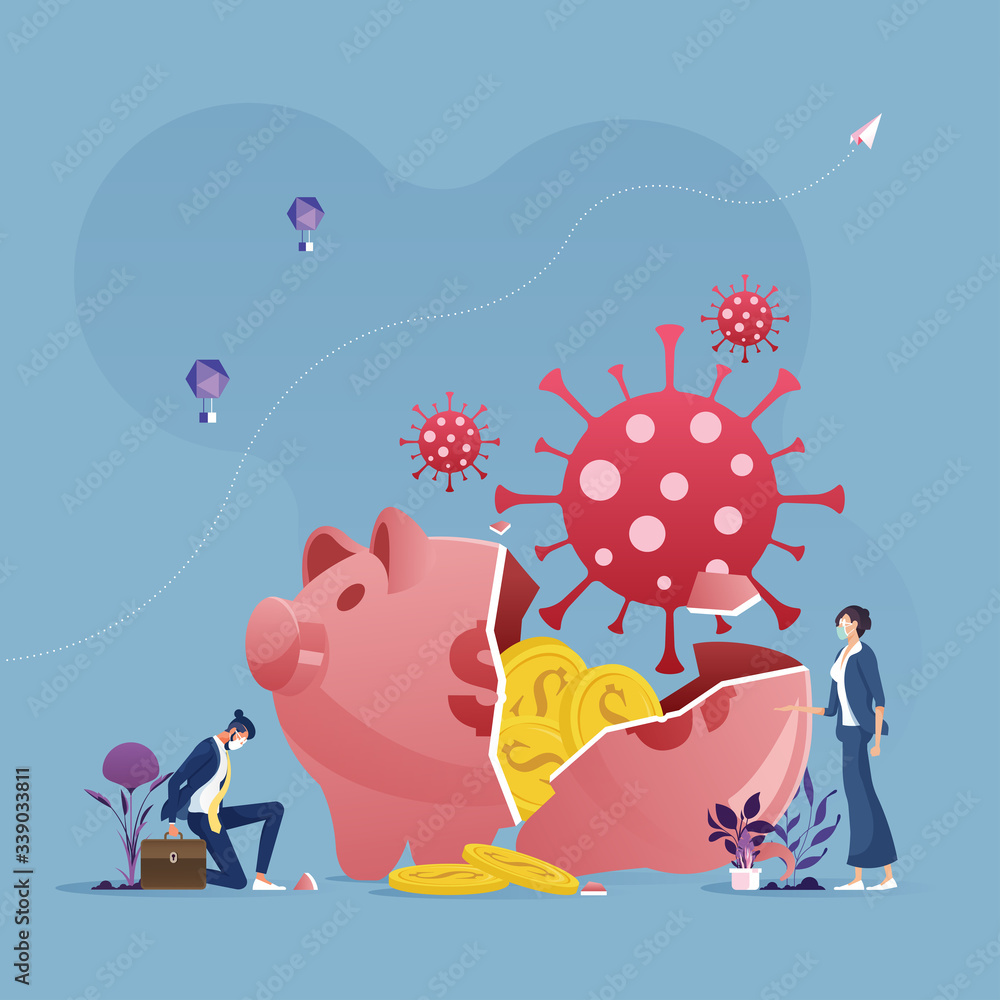 Εκτύπωση καμβά Broken piggy bank by Corona virus COVID-19 pandemic crash-Economical crash conce
