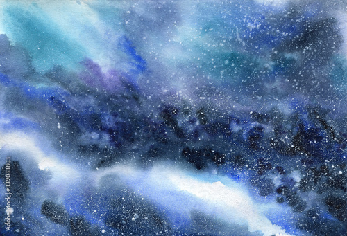 Abstract watercolor , fantasy background. A deep space of turquoise and blue colors with a spray of white stars. Hand drawn