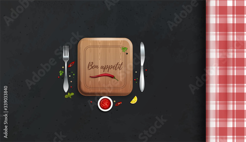 Table with a checkered tablecloth view from above. Bon appetit lettering. Kitchen table. Table setting. Top view. Vector illustration