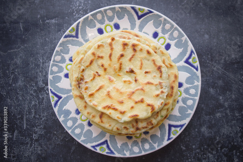 Khychin, Tortilla, Traditional Balkar food, Ossetian pie, Dark background