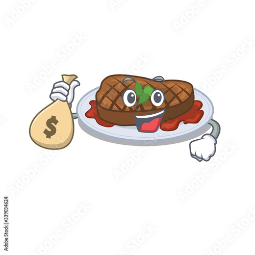 Rich grilled steak cartoon design holds money bags