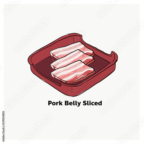 Pork belly sliced on red plate,meat for Japanese grill, korean grill, thai pan bbq grill. Drawing illustration vector.