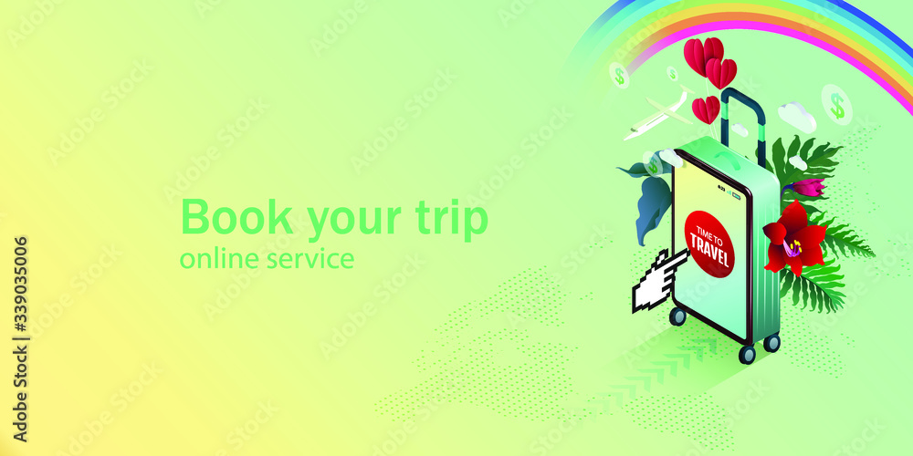 Worldwide online travel service. Booking your trip online on the mobile application. Digital marketing. Vector illustration. Worldwide online travel service. Booking your trip online on the mobile application. Digital marketing. Vector illustration.