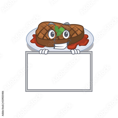 Smiling grilled steak cartoon design style has a board