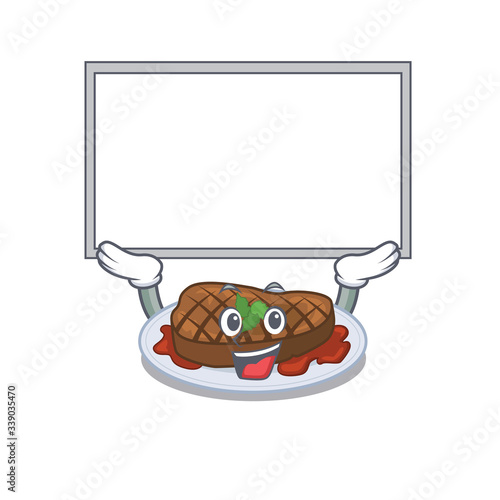 Mascot design of grilled steak lift up a board