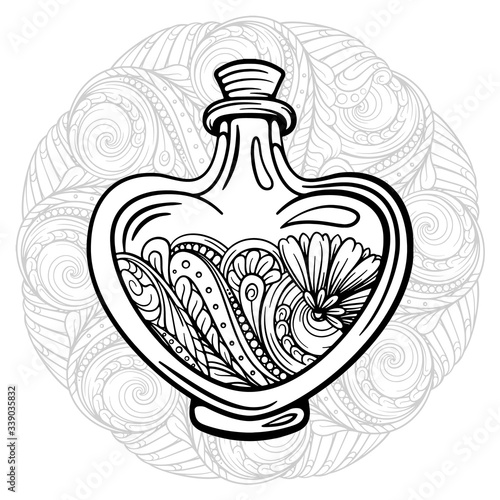 Bottle with magic healing potion on a lacy mandala background. Black and white vector graphic. Antistress coloring page.