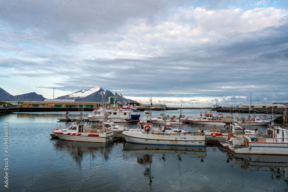 Fototapeta premium Fishing harbour in the city of HÃ¶fn in Iceland during sunset and blue hour. Fishing boats laying calm in the marina, reflections in the water infront and snow covered mountains in the background.