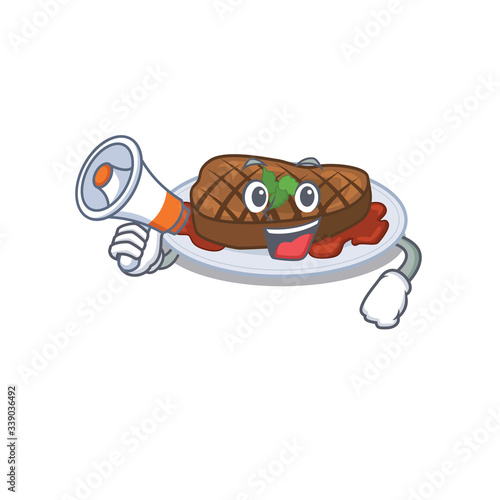 Cartoon character of grilled steak having a megaphone