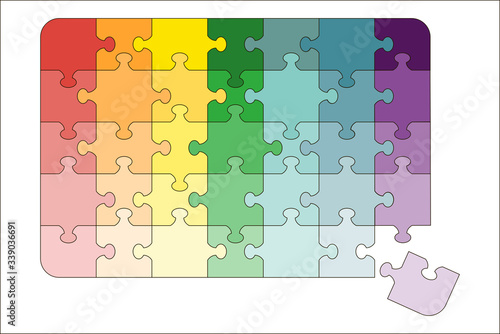 Puzzle multi-colored with a gradient in the direction of the lower right corner. The puzzle crumbles in the lower right corner. Vector illustration.