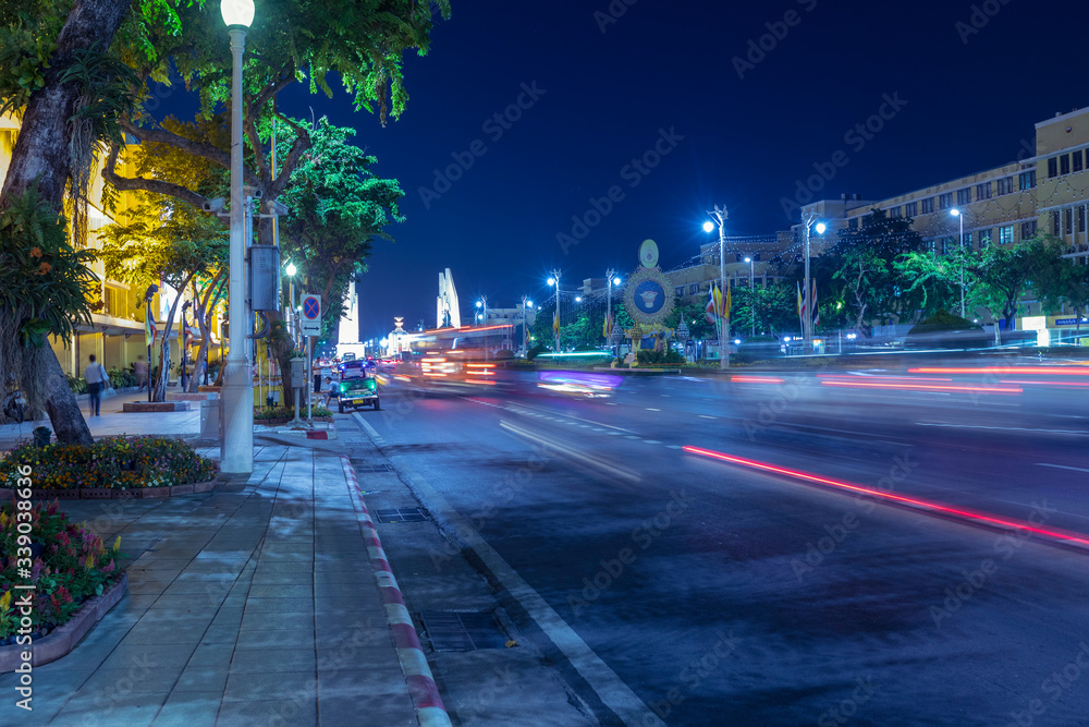 Night view of Democracy monument on Ratchadamnoen Road in Bangkok, Thailand 