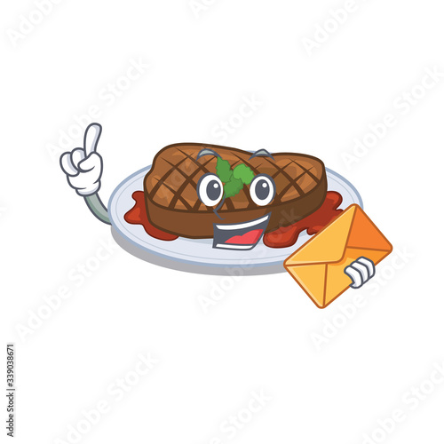 Happy grilled steak mascot design concept with brown envelope