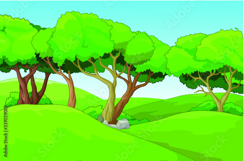 Grass Field Hill With Trees View Cartoon Vector Illustration