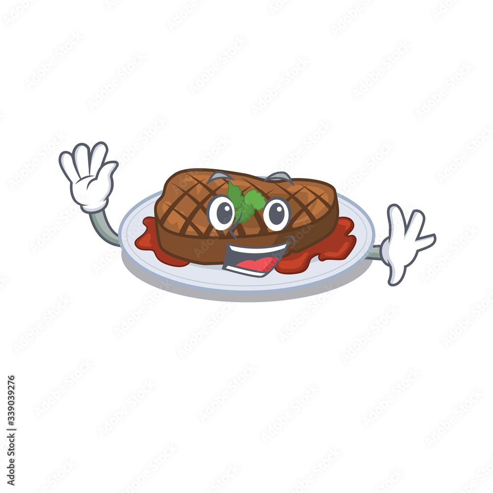 A charismatic grilled steak mascot design style smiling and waving hand A charismatic grilled steak mascot design style smiling and waving hand