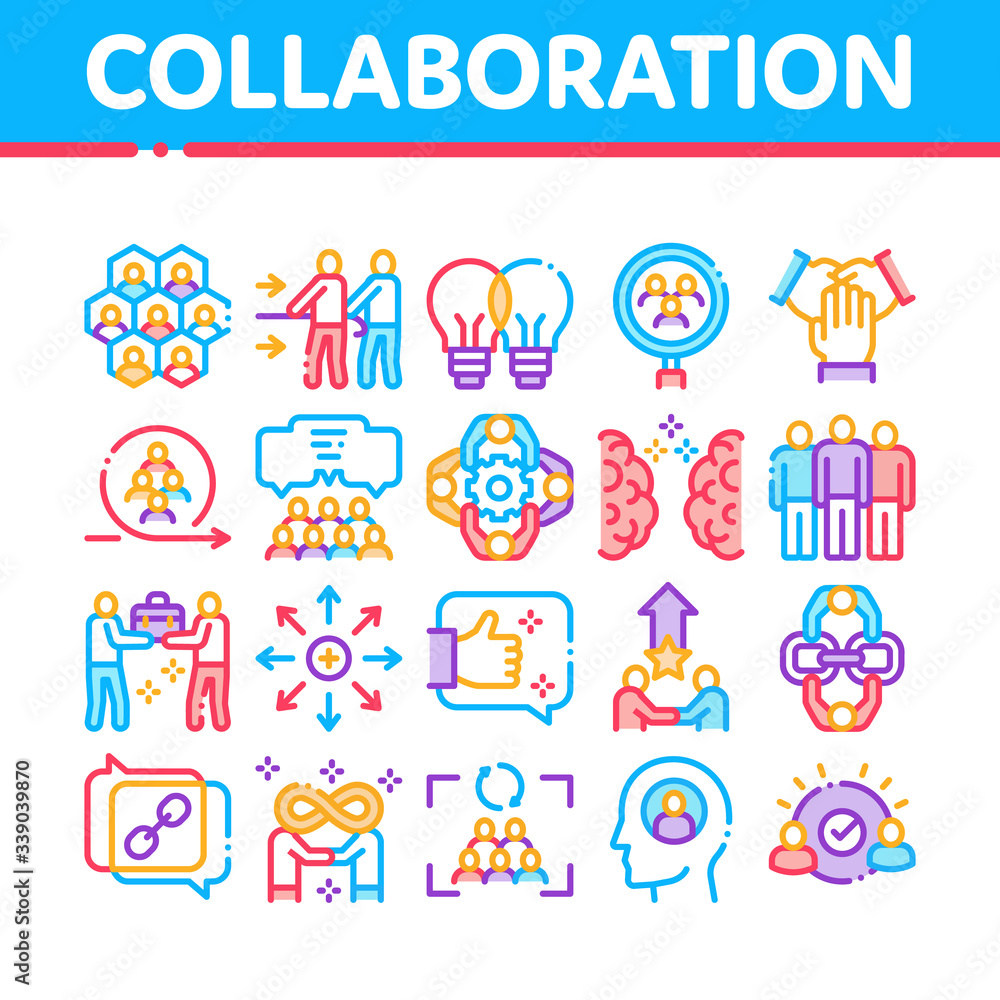 Collaboration Work Collection Icons Set Vector. Human And Brain Collaboration, Worker Research And Handshake, Cooperation And Organization Concept Linear Pictograms. Color Illustrations Collaboration Work Collection Icons Set Vector. Human And Brain Collaboration, Worker Research And Handshake, Cooperation And Organization Concept Linear Pictograms. Color Illustrations