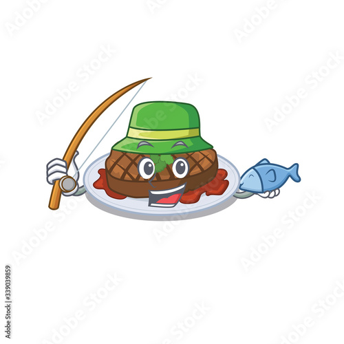 Cartoon design concept of grilled steak while fishing