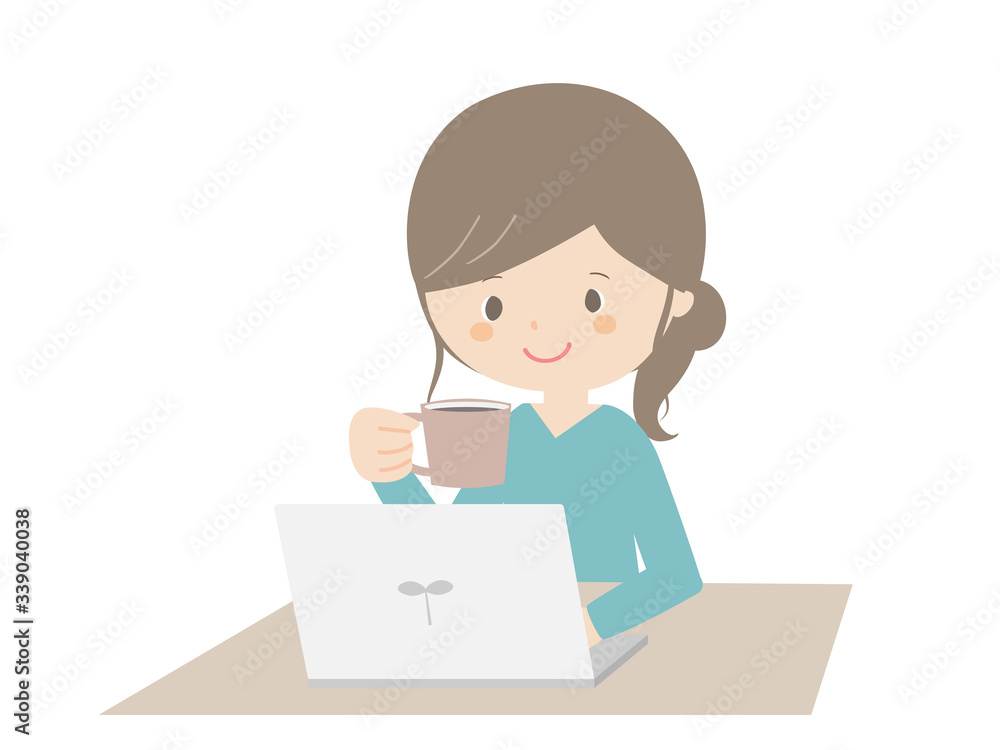 Woman drinking coffee while looking at the computer. Woman drinking coffee while looking at the computer.