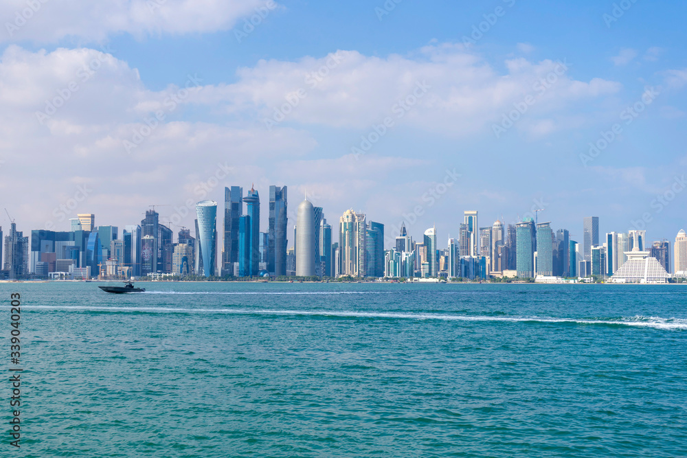 View of modern skyscrapers and west bay in Doha, Qatar