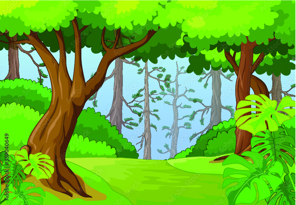 Fototapeta premium Tropical Forest View With Trees Cartoon