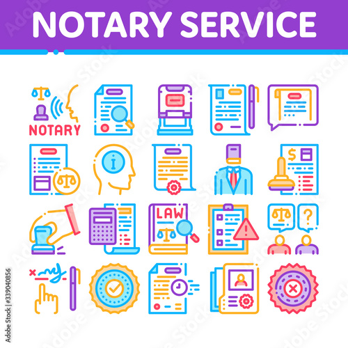 Notary Service Agency Collection Icons Set Vector. Agreement And Law Research, Document With Stamp And Signature, Notary Service Information Concept Linear Pictograms. Color Illustrations